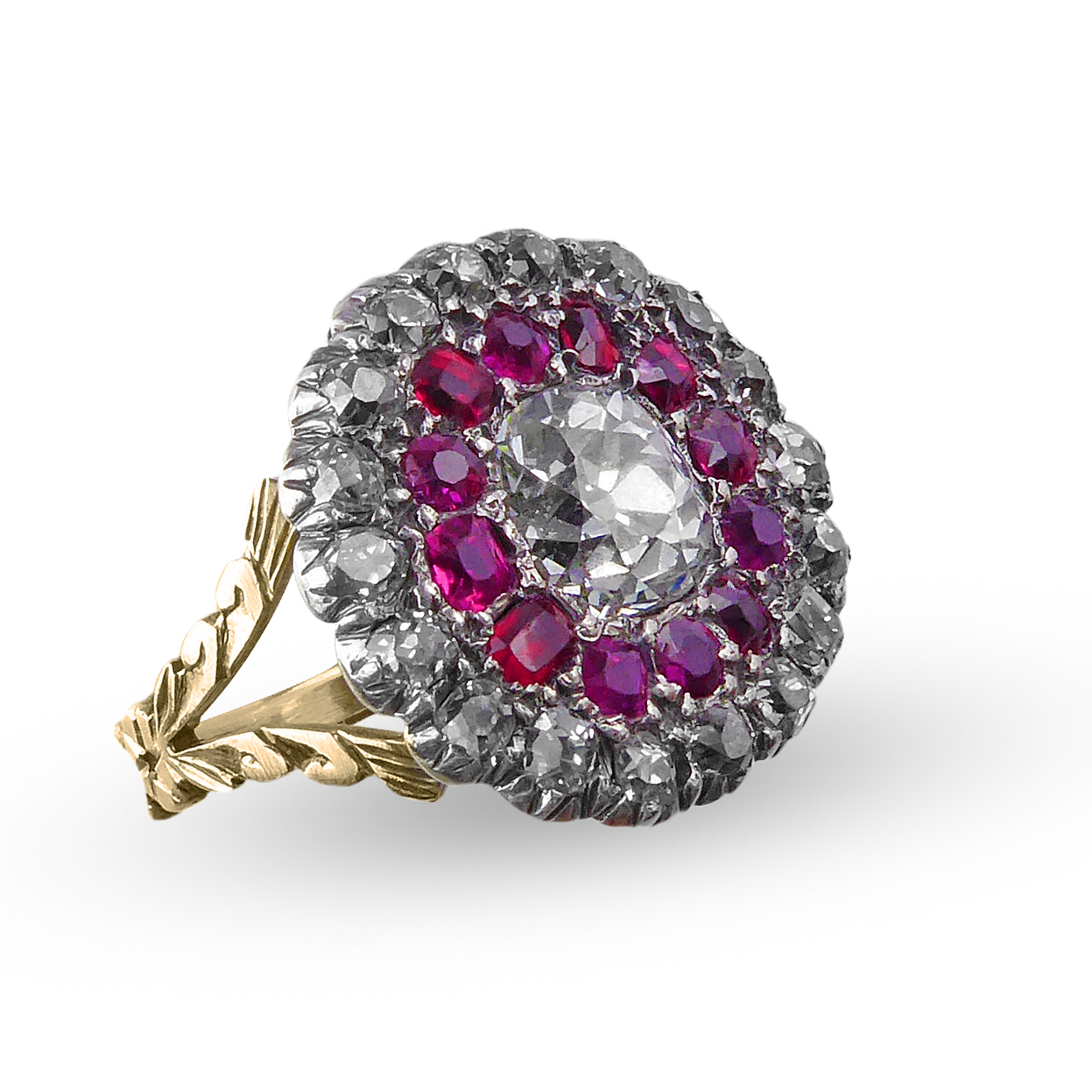 Antique cushion diamond and ruby target cluster ring, c.1780,